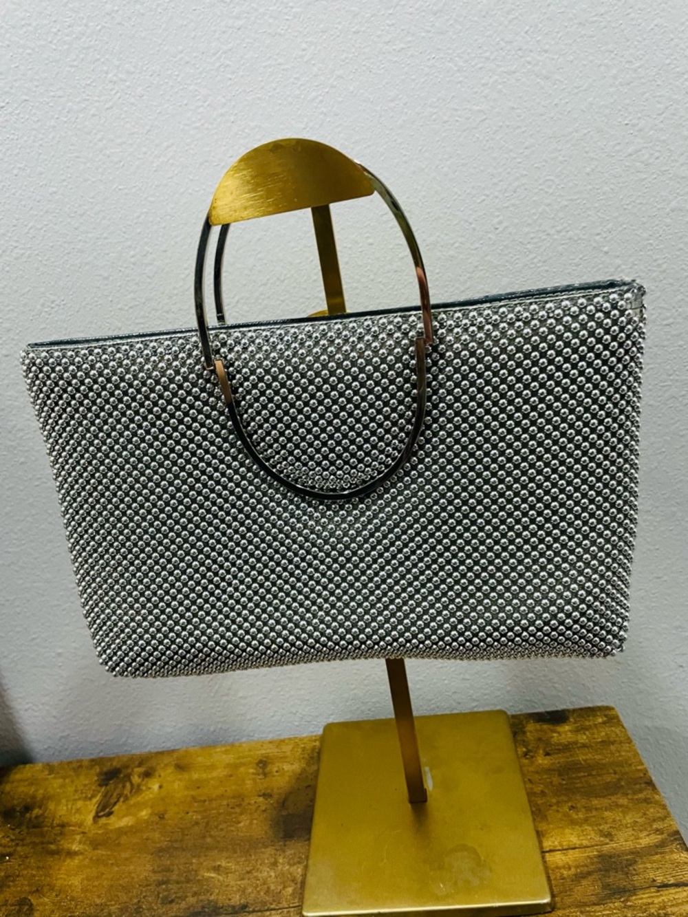 Vintage Bags By Marlo Silver Beaded Mesh Clutch Purse Metal Handle Evening Bag